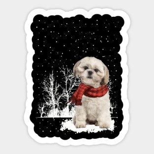 Christmas Shih Tzu With Scarf In Winter Forest Sticker